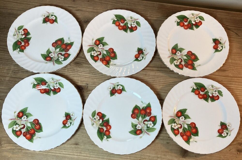 Vintage Adderly England Bone China Cherry  Ripe 8 inch Plate Set Of 6 Gold Rim
